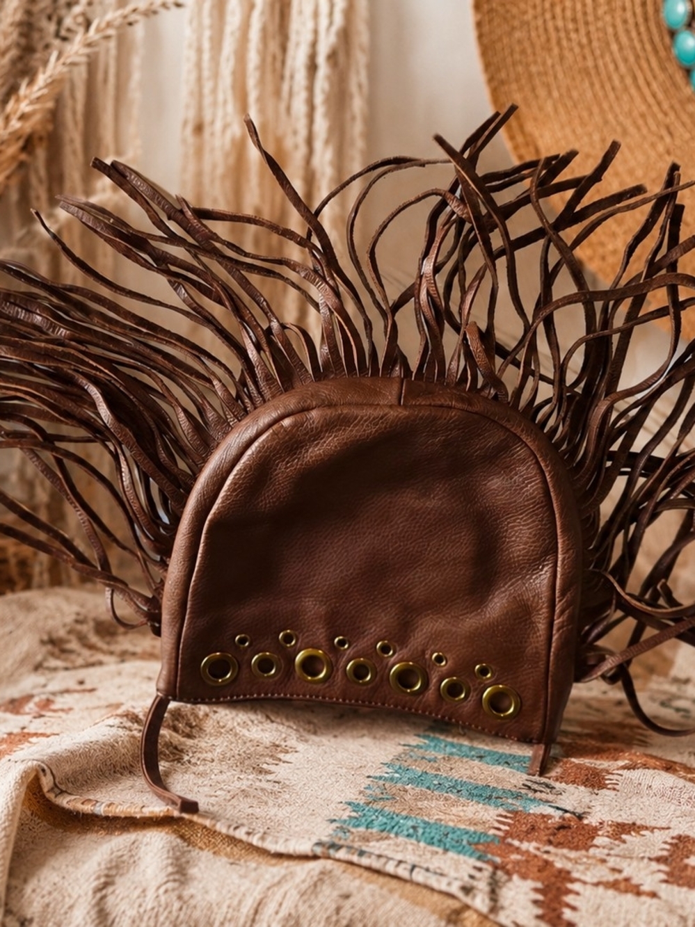 HOBO Brown Leather Fringe Crossbody with Brass Grommets